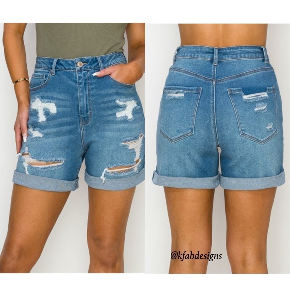 Soft, Stretchy Hi Rise Relaxed Fit Distressed Mom Shorts with Cuffs! - Picture 1 of 5